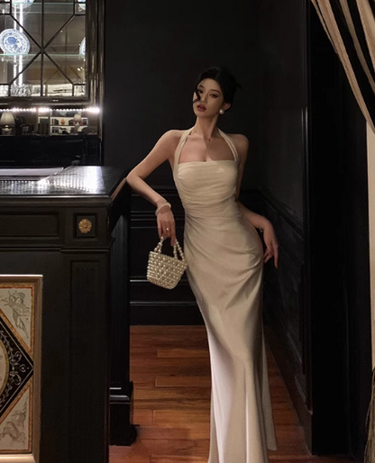 Elegant Cream Satin Halter Neck Sheath Ruched Evening Gown TP5118