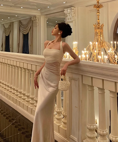 Elegant Cream Satin Halter Neck Sheath Ruched Evening Gown TP5118