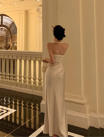 Elegant Cream Satin Halter Neck Sheath Ruched Evening Gown TP5118