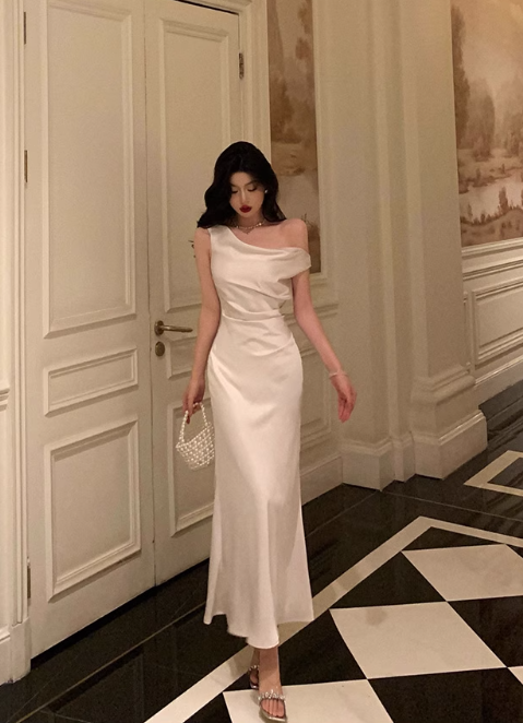 Elegant Cream Satin One-shoulder Sheath Ruched Evening Gown TP5119