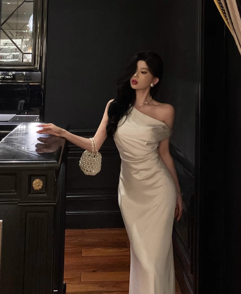 Elegant Cream Satin One-shoulder Sheath Ruched Evening Gown TP5119