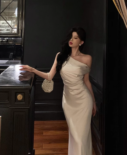 Elegant Cream Satin One-shoulder Sheath Ruched Evening Gown TP5119