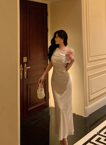 Elegant Cream Satin One-shoulder Sheath Ruched Evening Gown TP5119