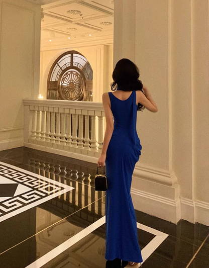 Elegant Royal Blue Sleeveless Bodycon Draped Sheath Ruched Evening Gown TP5120
