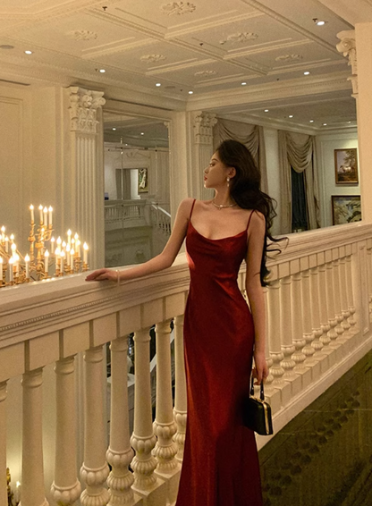 Elegant Burgundy Satin Spaghetti Strap Mermaid Evening Gown TP5122