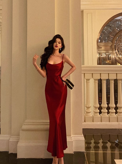 Elegant Burgundy Satin Spaghetti Strap Mermaid Evening Gown TP5122