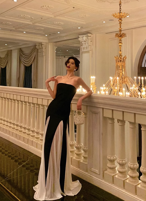 Vintage Elegant Black & White Strapless A-Line Chiffon Mermaid Evening Gown TP5123