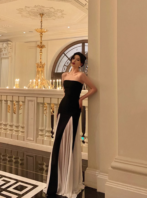 Vintage Elegant Black & White Strapless A-Line Chiffon Mermaid Evening Gown TP5123