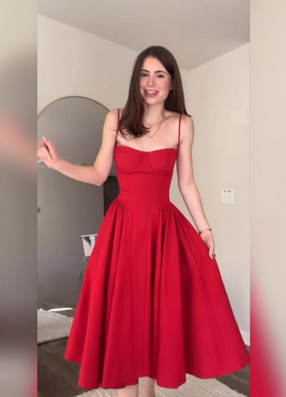 Vintage-Inspired Elegant Red Spaghetti Strap Midi A-Line Evening Dress TP5128
