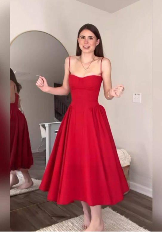 Vintage-Inspired Elegant Red Spaghetti Strap Midi A-Line Evening Dress TP5128