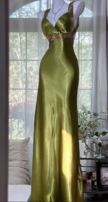 Glamorous Olive Green Satin Backless Sheath Evening Gown TP5135