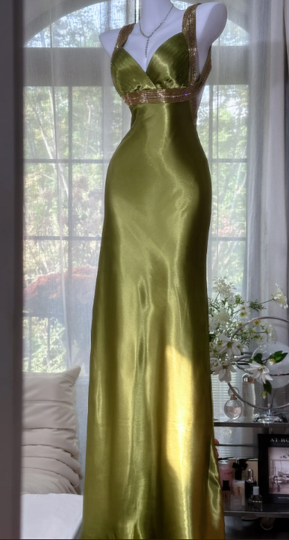 Glamorous Olive Green Satin Backless Sheath Evening Gown TP5135