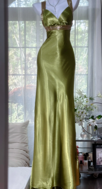 Glamorous Olive Green Satin Backless Sheath Evening Gown TP5135