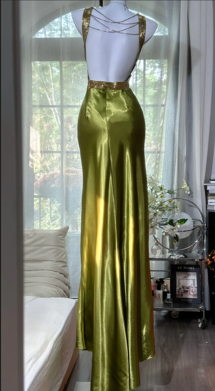 Glamorous Olive Green Satin Backless Sheath Evening Gown TP5135