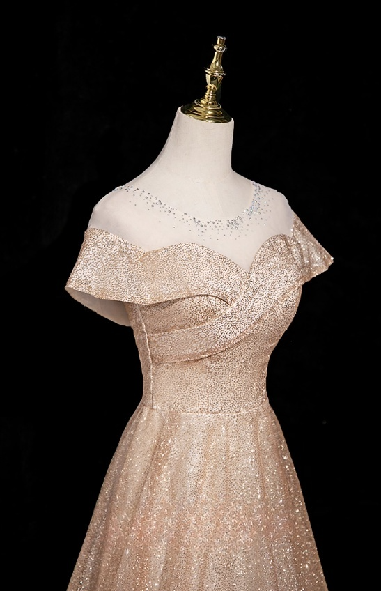 Vintage Champagne Off-Shoulder Sweetheart Evening Gown Glittering Tulle A-Line Prom Dress TP5142