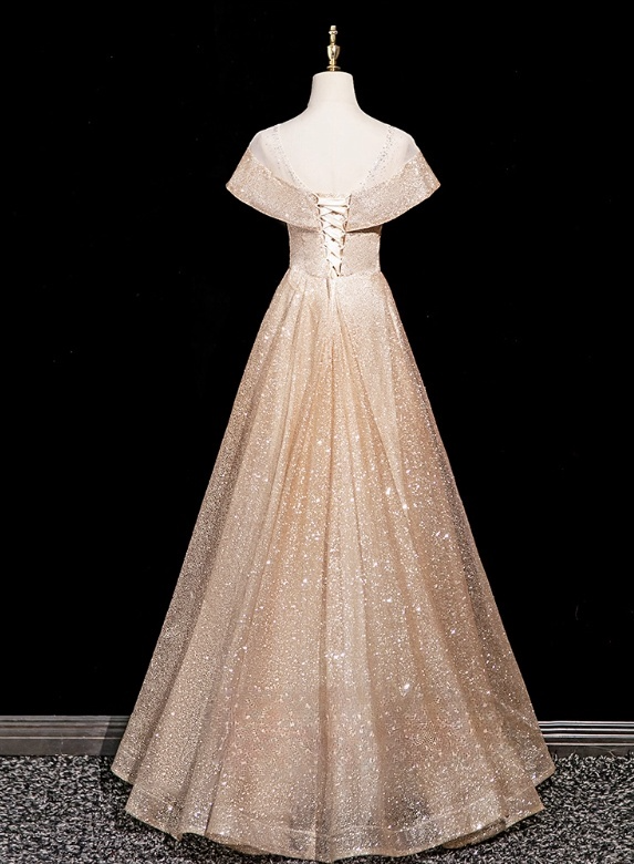 Vintage Champagne Off-Shoulder Sweetheart Evening Gown Glittering Tulle A-Line Prom Dress TP5142