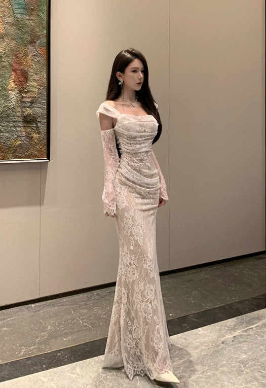 Vintage Off-Shoulder Lace Mermaid Evening Gown Long Sleeves Prom Dress TP5146
