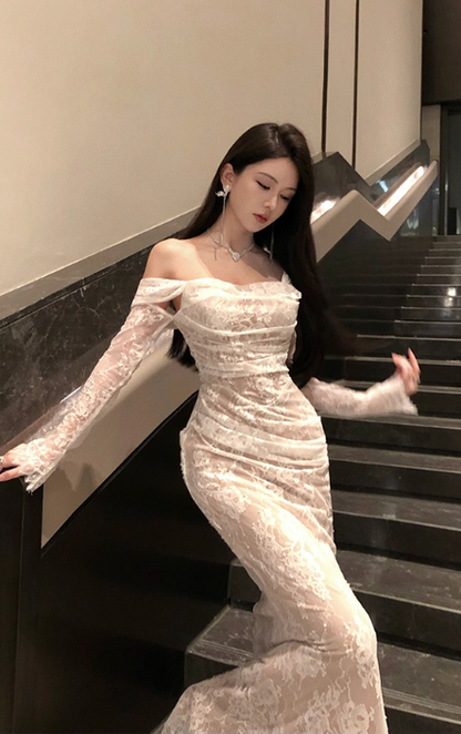 Vintage Off-Shoulder Lace Mermaid Evening Gown Long Sleeves Prom Dress TP5146