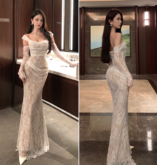 Vintage Off-Shoulder Lace Mermaid Evening Gown Long Sleeves Prom Dress TP5146