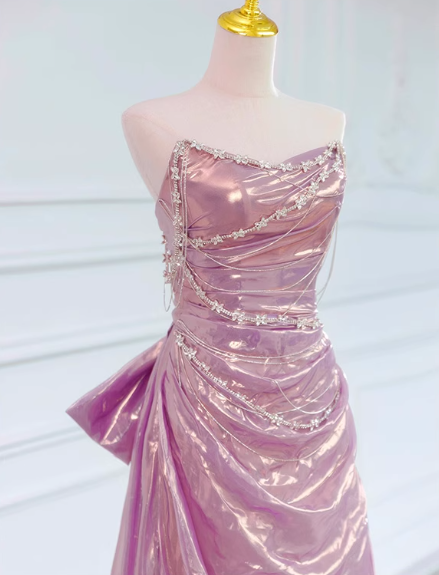 Vintage Pink Satin Sheath Evening Gown Strapless Prom Dress TP5148