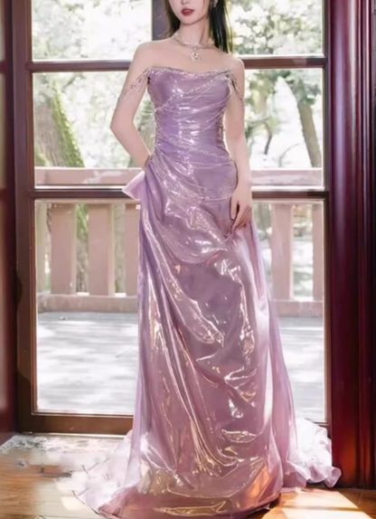 Vintage Pink Satin Sheath Evening Gown Strapless Prom Dress TP5148