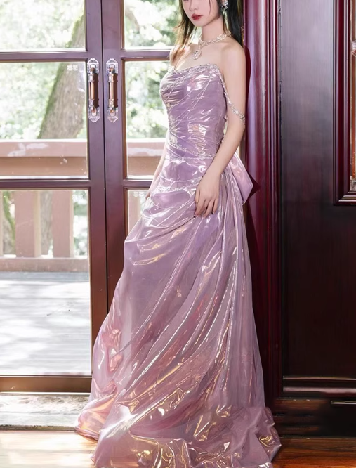 Vintage Pink Satin Sheath Evening Gown Strapless Prom Dress TP5148