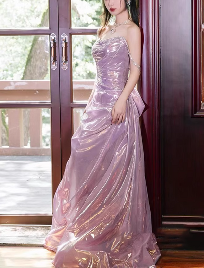 Vintage Pink Satin Sheath Evening Gown Strapless Prom Dress TP5148