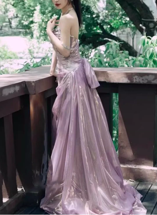 Vintage Pink Satin Sheath Evening Gown Strapless Prom Dress TP5148