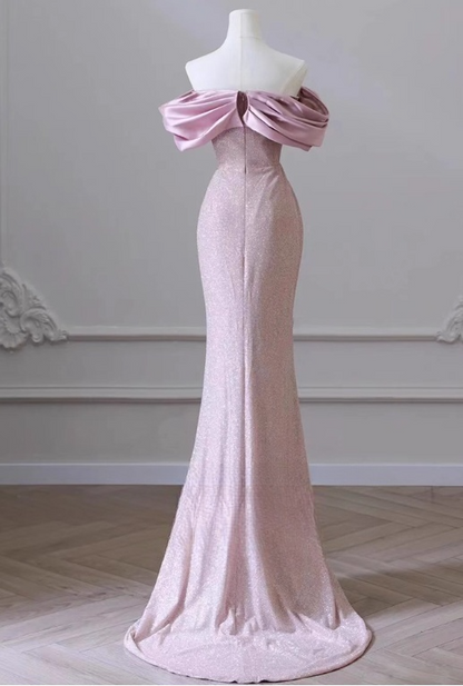 Glamorous Pink Off-Shoulder Mermaid Prom Dress Glittering Sequin Evening Gown TP5157