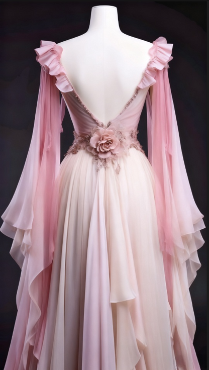 Vintage Pink Chiffon A-Line Cape Sleeves Ruffles Beaded Evening Gown TP5173