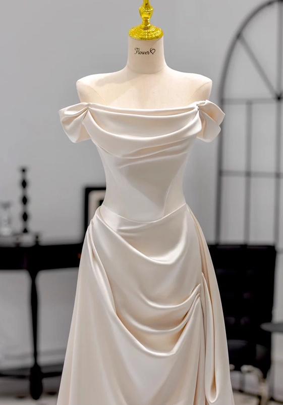 Glamorous Ivory Satin Off-Shoulder Wedding Dress Sheath Bridal Gown TP5237