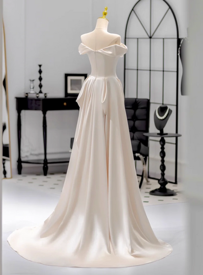 Glamorous Ivory Satin Off-Shoulder Wedding Dress Sheath Bridal Gown TP5237