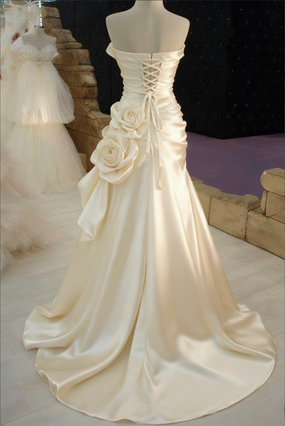 Glamorous Ivory Strapless Beaded Satin Wedding Dress A-Line Draped Bridal Gown TP5261