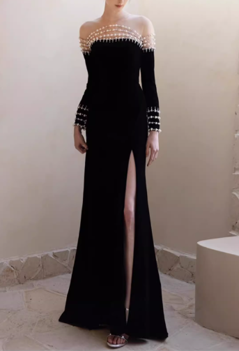 Elegant Black Velvet Off-Shoulder Pearl Embellishments Long Sleeves High Slit Evening Gown TP5263