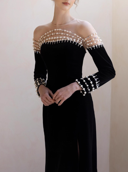 Elegant Black Velvet Off-Shoulder Pearl Embellishments Long Sleeves High Slit Evening Gown TP5263