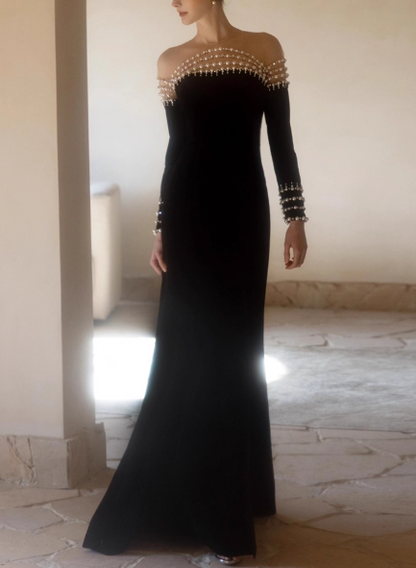 Elegant Black Velvet Off-Shoulder Pearl Embellishments Long Sleeves High Slit Evening Gown TP5263