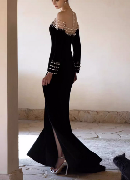 Elegant Black Velvet Off-Shoulder Pearl Embellishments Long Sleeves High Slit Evening Gown TP5263
