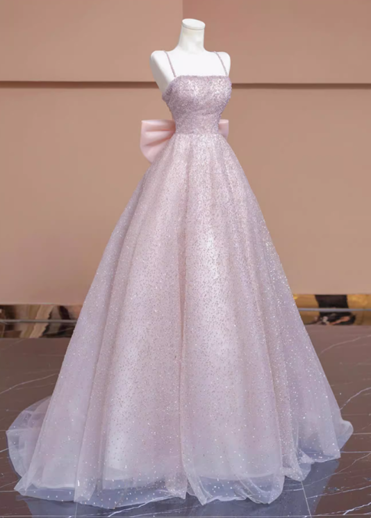 Elegant Pink Spaghetti Strap A-Line Glittering Tulle Bow Evening Gown TP5264