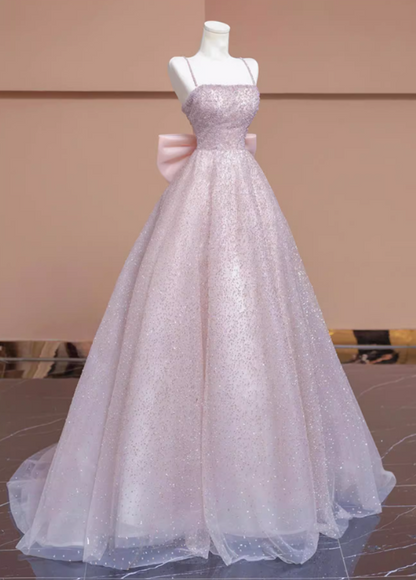 Elegant Pink Spaghetti Strap A-Line Glittering Tulle Bow Evening Gown TP5264