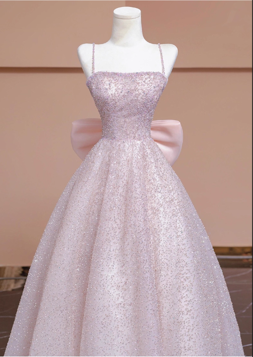 Elegant Pink Spaghetti Strap A-Line Glittering Tulle Bow Evening Gown TP5264
