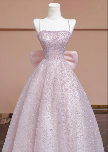 Elegant Pink Spaghetti Strap A-Line Glittering Tulle Bow Evening Gown TP5264