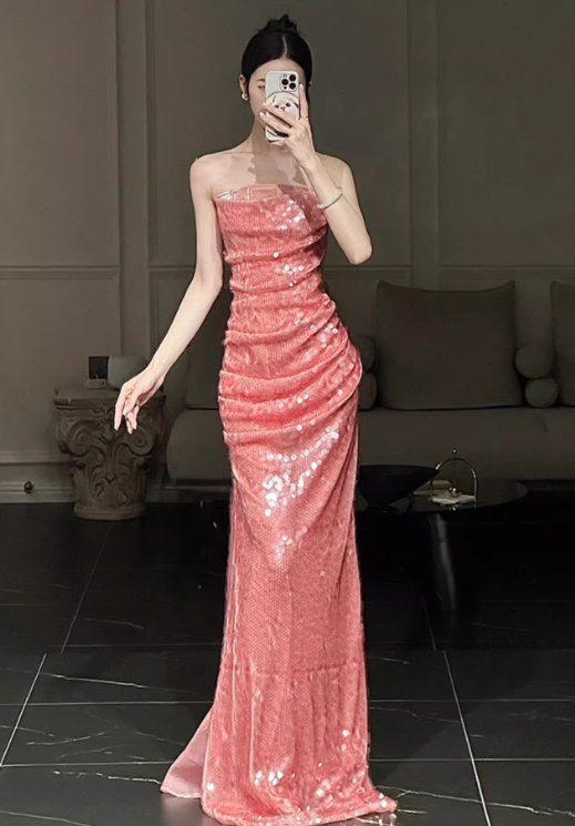 Sparkling Strapless Coral Sequin Sheath Draped Evening Gown TP5267
