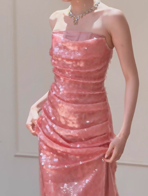 Sparkling Strapless Coral Sequin Sheath Draped Evening Gown TP5267