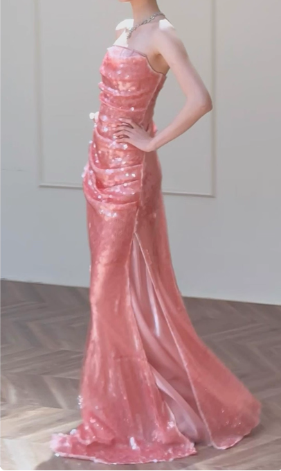 Sparkling Strapless Coral Sequin Sheath Draped Evening Gown TP5267