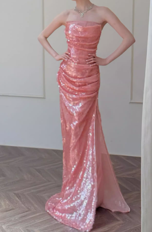 Sparkling Strapless Coral Sequin Sheath Draped Evening Gown TP5267