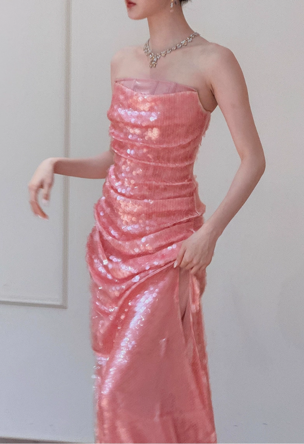 Sparkling Strapless Coral Sequin Sheath Draped Evening Gown TP5267