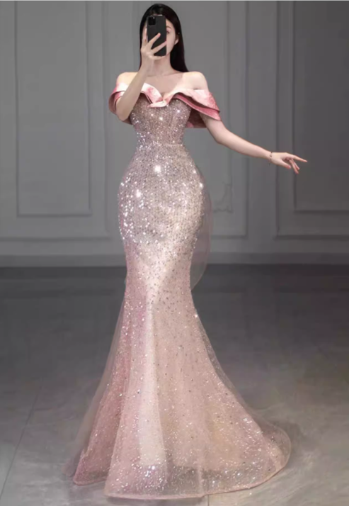 Chic Off-Shoulder Sparkling Sequin Mermaid Glittering Tulle Evening Gown TP5268