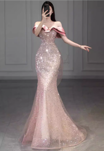 Chic Off-Shoulder Sparkling Sequin Mermaid Glittering Tulle Evening Gown TP5268