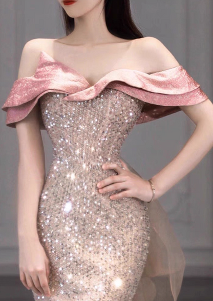 Chic Off-Shoulder Sparkling Sequin Mermaid Glittering Tulle Evening Gown TP5268