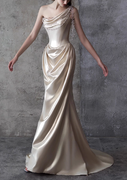 Luxurious One-Shoulder Ivory Satin Mermaid Pearl Draped Evening Gown TP5269